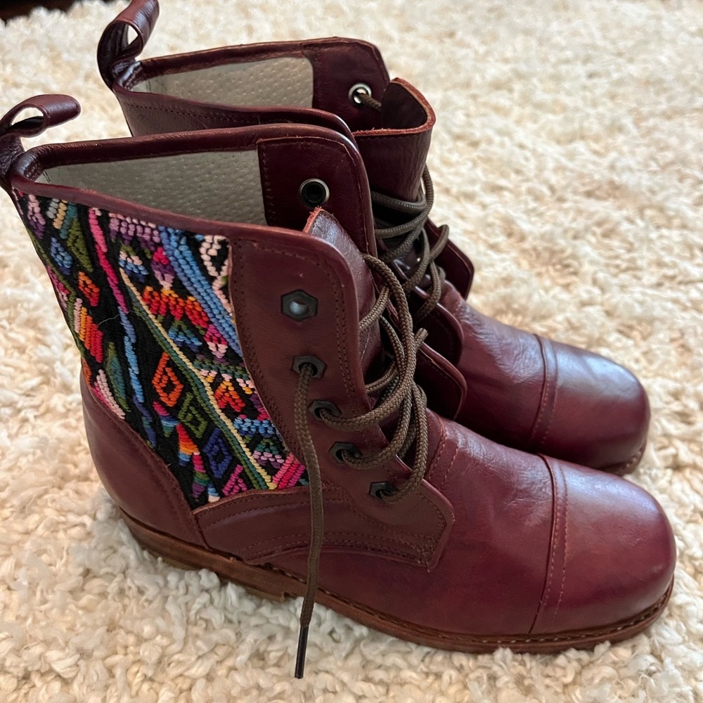 Teysha maroon leather woven boots